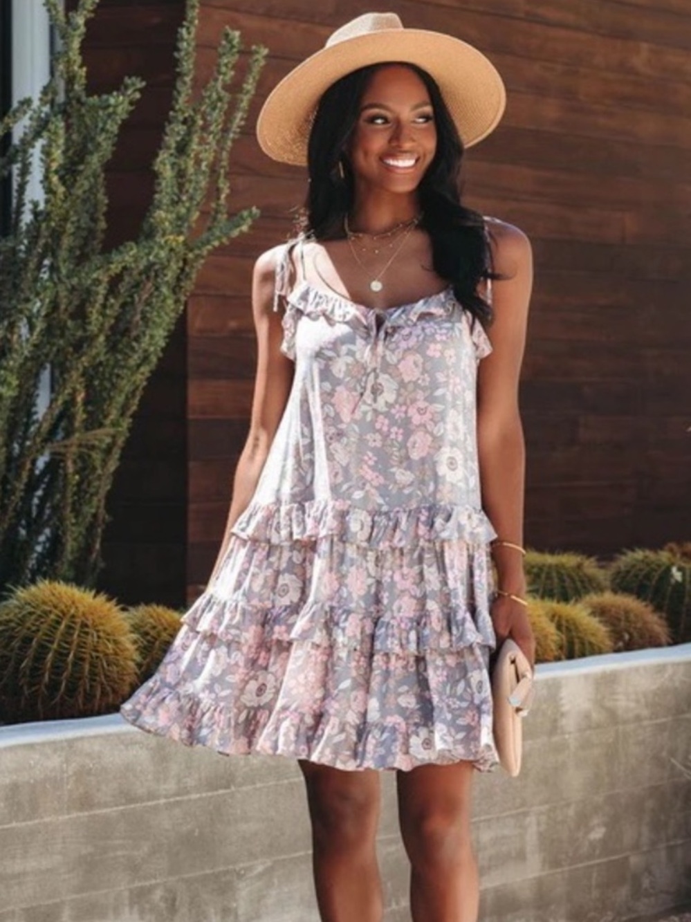Vici Stories We Tell Floral Ruffle Tiered Babydoll Dress Gray Pink Cream Size M
